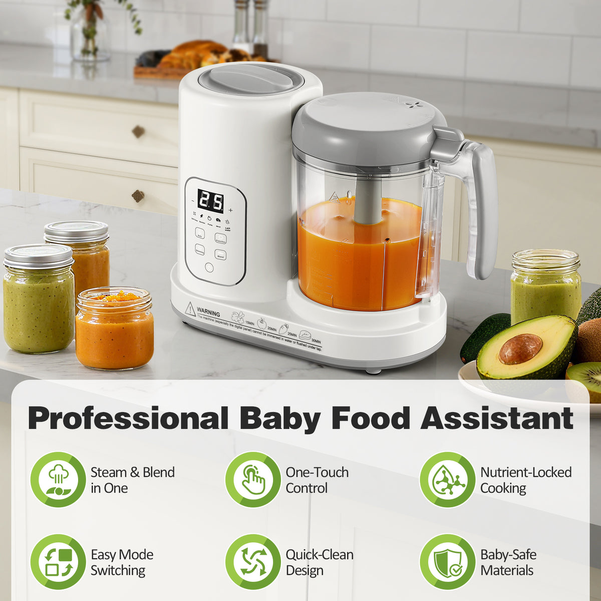 4-in-1 Baby Food Maker with LCD Display – Steam, Blend, Defrost & Reheat