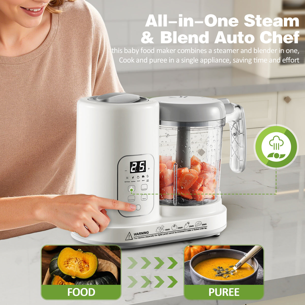4-in-1 Baby Food Maker with LCD Display – Steam, Blend, Defrost & Reheat